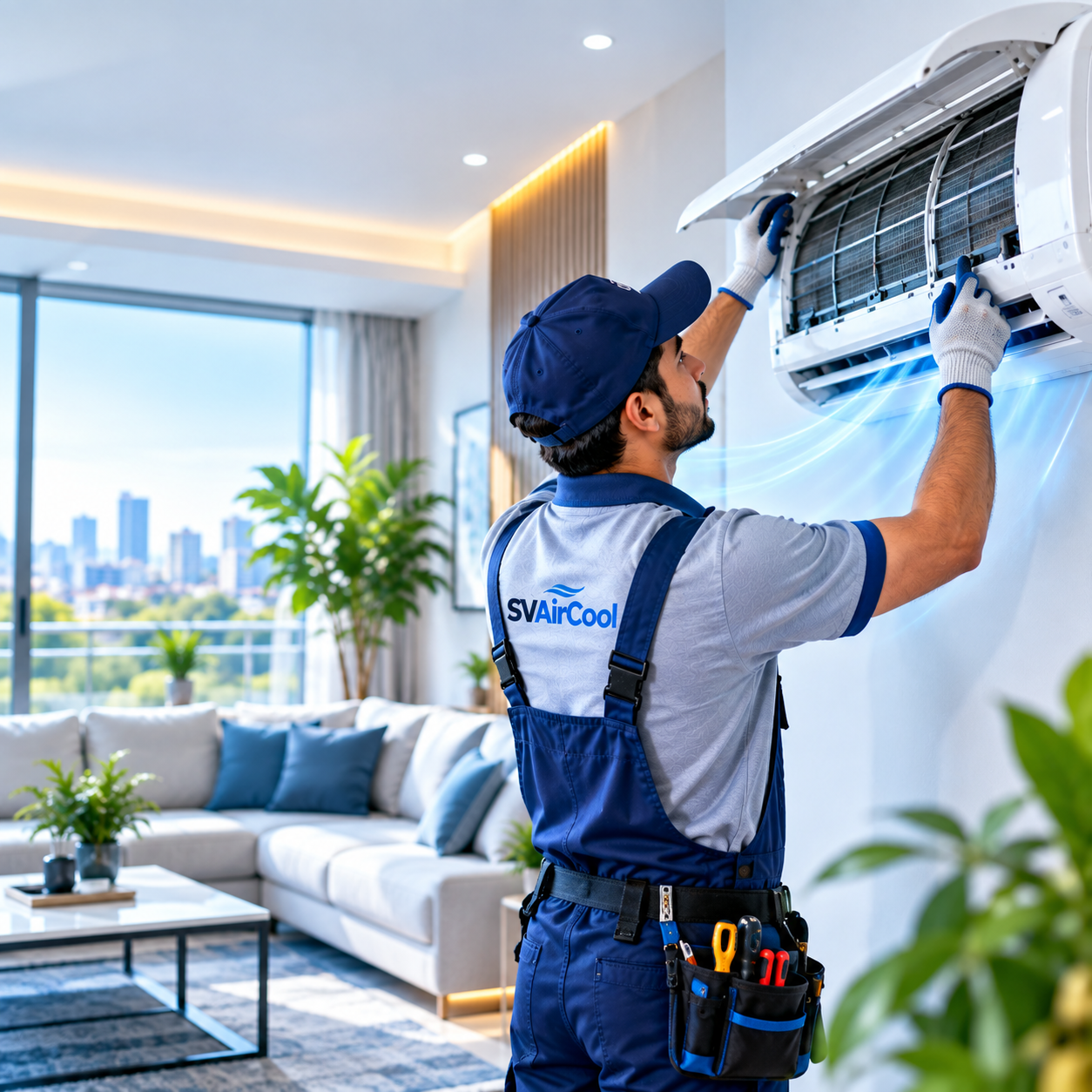 Professional AC technician servicing an air conditioning system